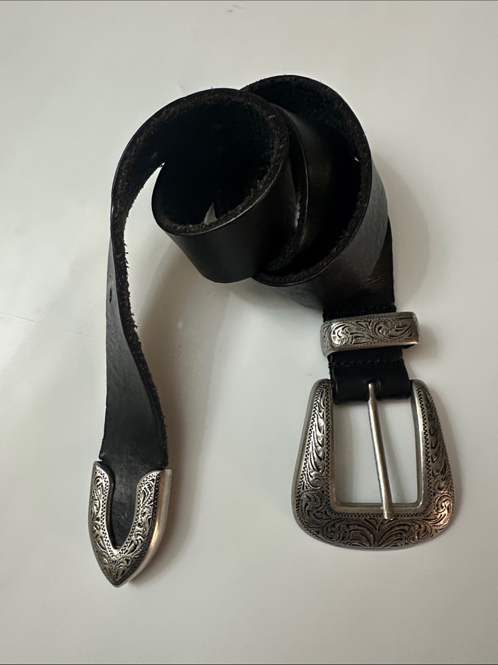 Women's Black Leather Belt with Engraved Silver Buckle